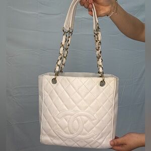 CHANEL Vintage Ivory Caviar Quilted Petite Shopping Tote Bag PST